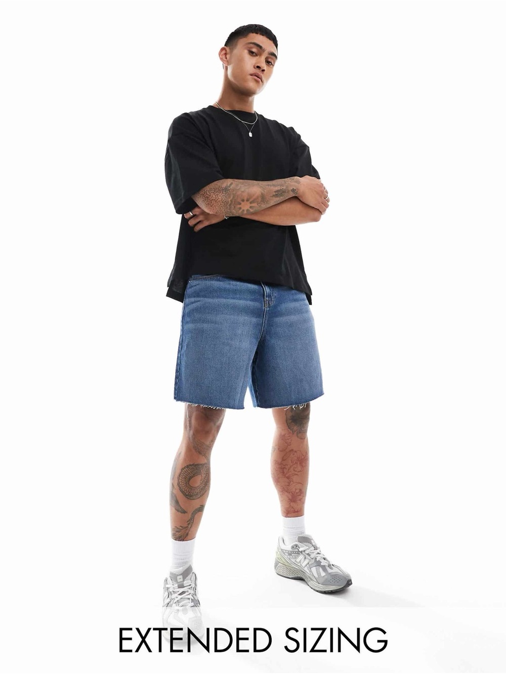 ASOS DESIGN standard length denim jorts with raw hem in mid wash blue